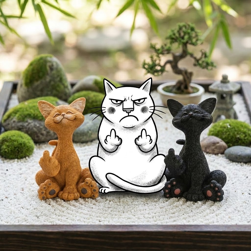 Whimsical Cat Raising Middle Finger Figurine
