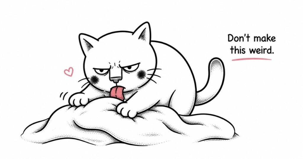 cat licking blanket